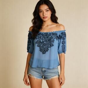 For Love & Lemons Embroidered Off‑Shoulder Blouse Size XS